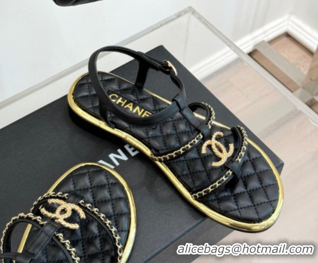 Unique Style Chanel Calfskin Flat Sandals with Chain Black 2025 CH061002