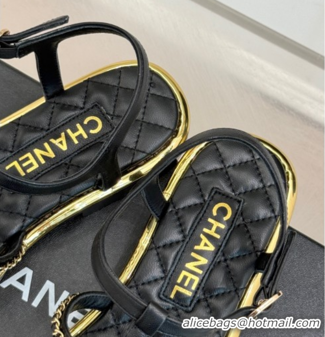 Unique Style Chanel Calfskin Flat Sandals with Chain Black 2025 CH061002