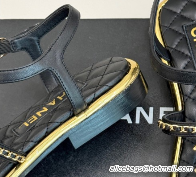 Unique Style Chanel Calfskin Flat Sandals with Chain Black 2025 CH061002
