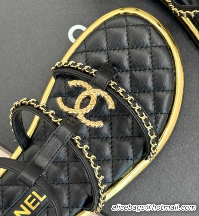 Unique Style Chanel Calfskin Flat Sandals with Chain Black 2025 CH061002