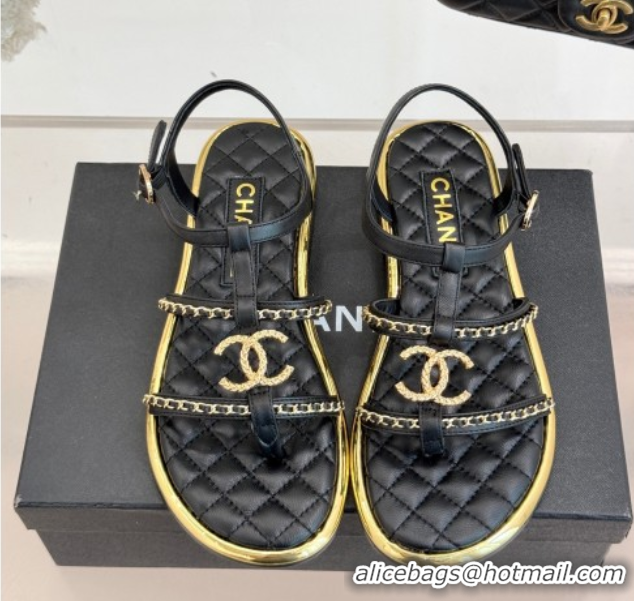 Unique Style Chanel Calfskin Flat Sandals with Chain Black 2025 CH061002