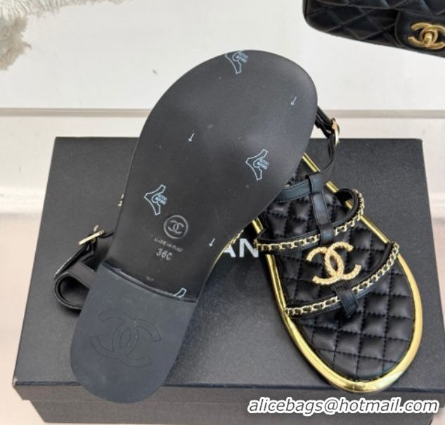 Unique Style Chanel Calfskin Flat Sandals with Chain Black 2025 CH061002