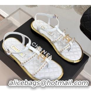Good Looking Chanel Calfskin Flat Sandals with Chain White 2025 CH061002
