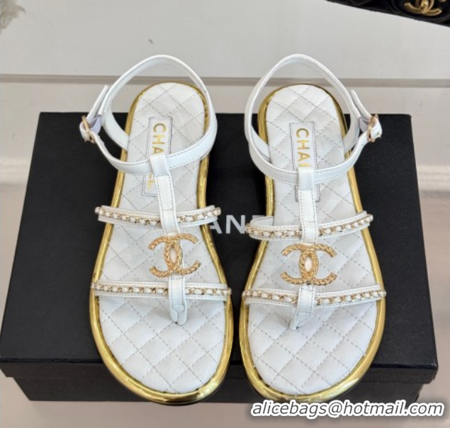 Good Looking Chanel Calfskin Flat Sandals with Chain White 2025 CH061002