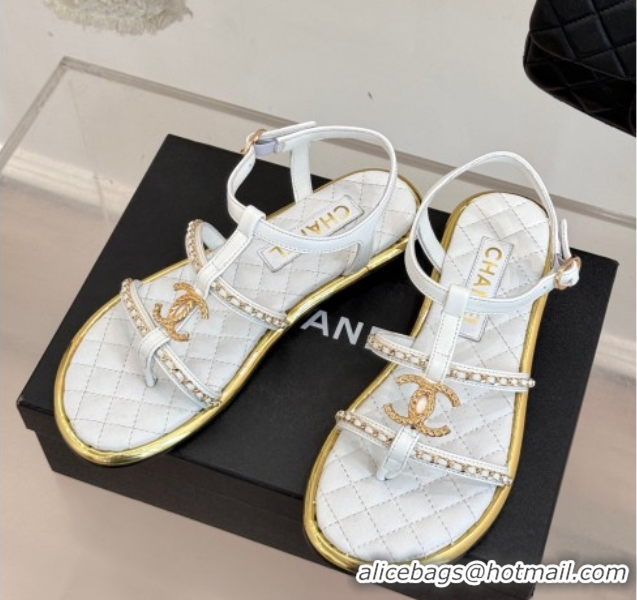 Good Looking Chanel Calfskin Flat Sandals with Chain White 2025 CH061002