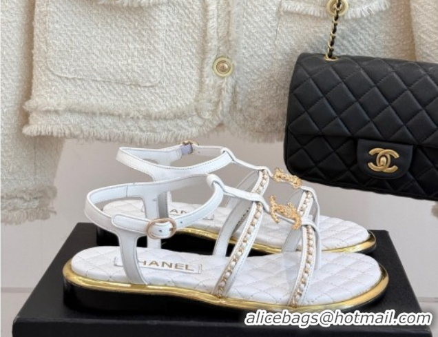 Good Looking Chanel Calfskin Flat Sandals with Chain White 2025 CH061002