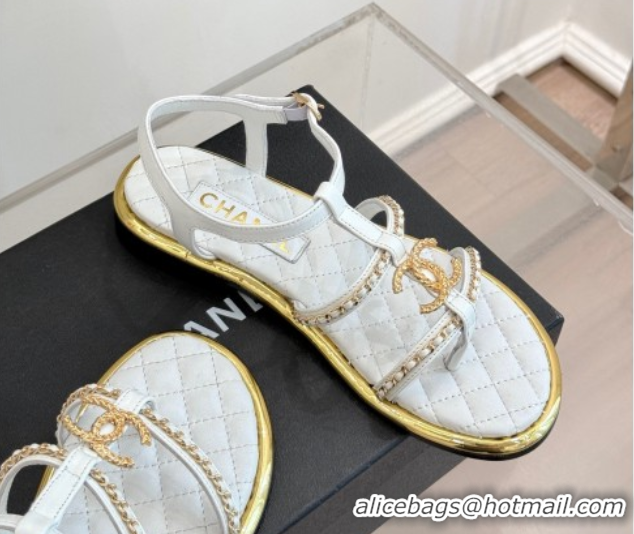 Good Looking Chanel Calfskin Flat Sandals with Chain White 2025 CH061002