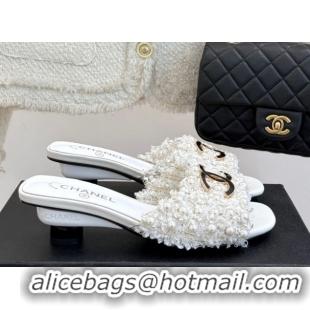Best Product Chanel Tweed Heel Slides Sandal with Pearls White 2025 CH061003