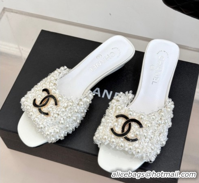 Best Product Chanel Tweed Heel Slides Sandal with Pearls White 2025 CH061003