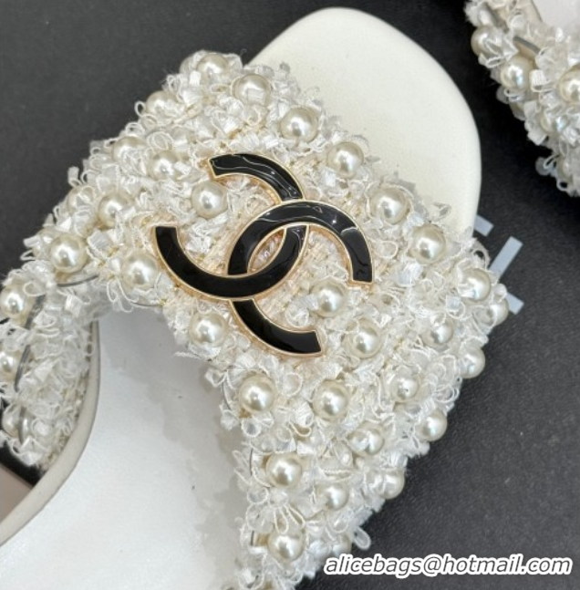 Best Product Chanel Tweed Heel Slides Sandal with Pearls White 2025 CH061003