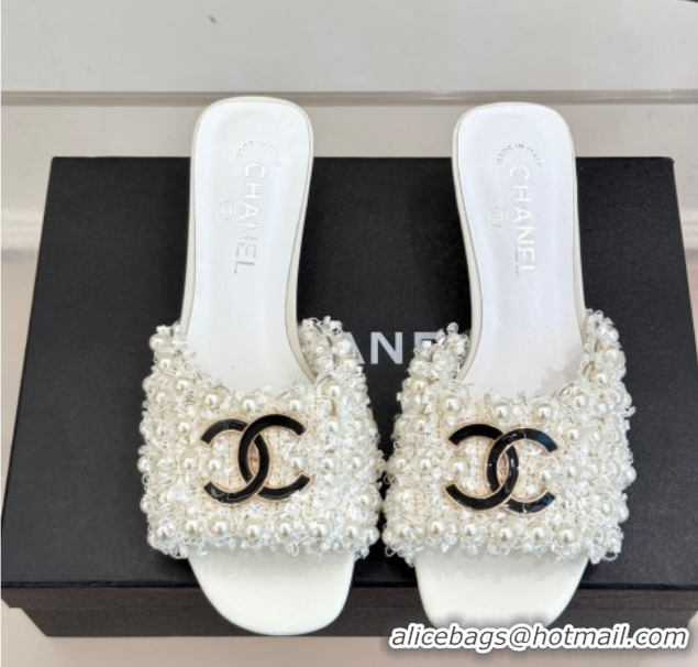Best Product Chanel Tweed Heel Slides Sandal with Pearls White 2025 CH061003