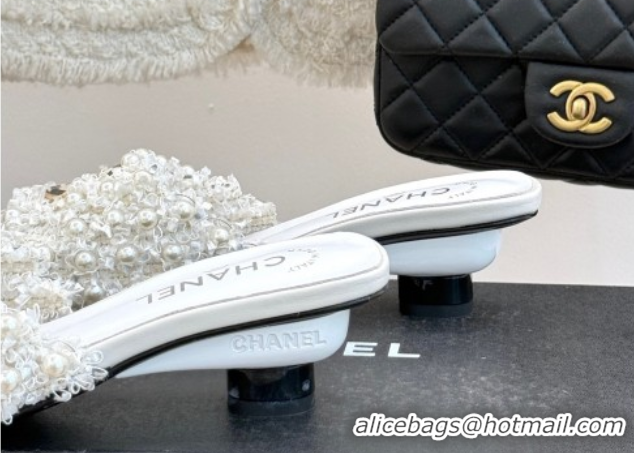 Best Product Chanel Tweed Heel Slides Sandal with Pearls White 2025 CH061003
