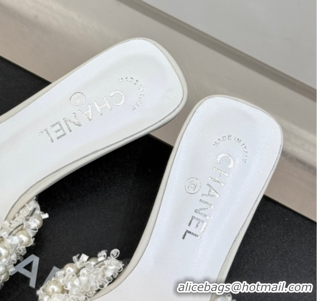 Best Product Chanel Tweed Heel Slides Sandal with Pearls White 2025 CH061003