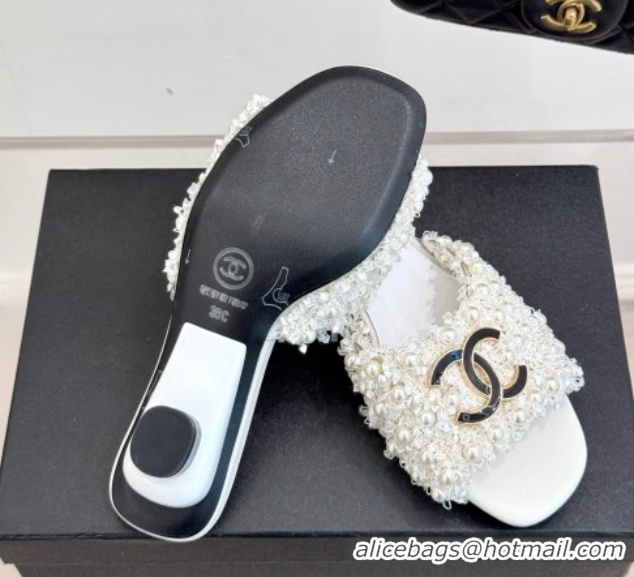Best Product Chanel Tweed Heel Slides Sandal with Pearls White 2025 CH061003