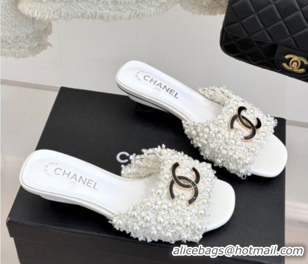 Best Product Chanel Tweed Heel Slides Sandal with Pearls White 2025 CH061003