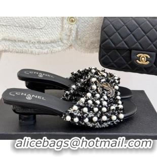 Grade Quality Chanel Tweed Heel Slides Sandal with Pearls Black CH061003 0610010