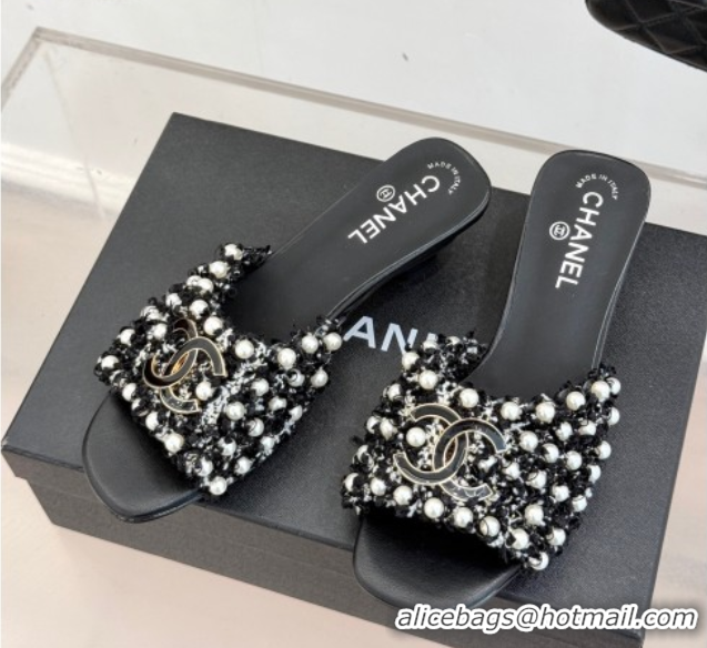 Grade Quality Chanel Tweed Heel Slides Sandal with Pearls Black CH061003 0610010