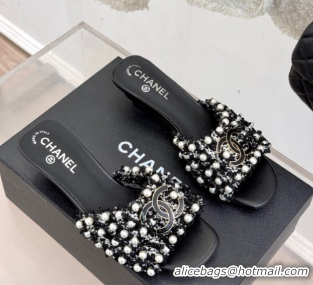 Grade Quality Chanel Tweed Heel Slides Sandal with Pearls Black CH061003 0610010