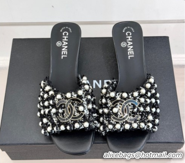 Grade Quality Chanel Tweed Heel Slides Sandal with Pearls Black CH061003 0610010