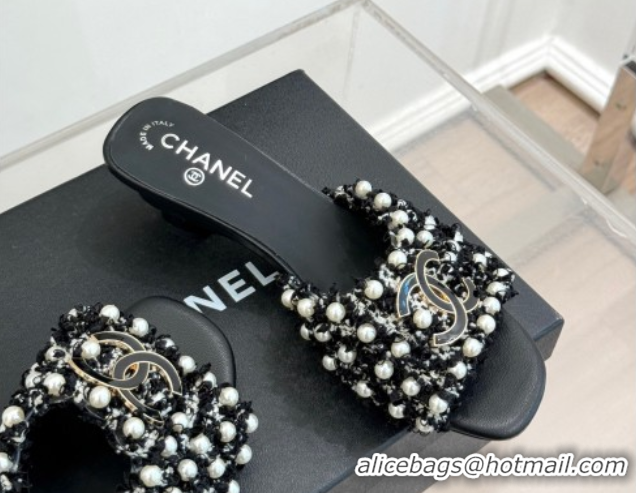 Grade Quality Chanel Tweed Heel Slides Sandal with Pearls Black CH061003 0610010
