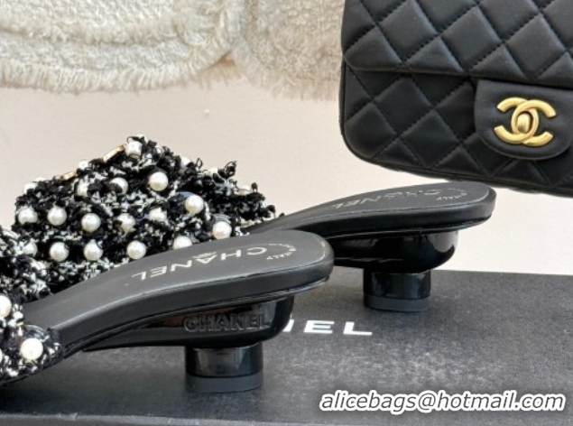 Grade Quality Chanel Tweed Heel Slides Sandal with Pearls Black CH061003 0610010