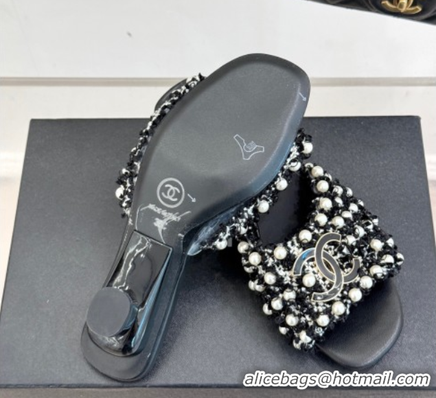 Grade Quality Chanel Tweed Heel Slides Sandal with Pearls Black CH061003 0610010