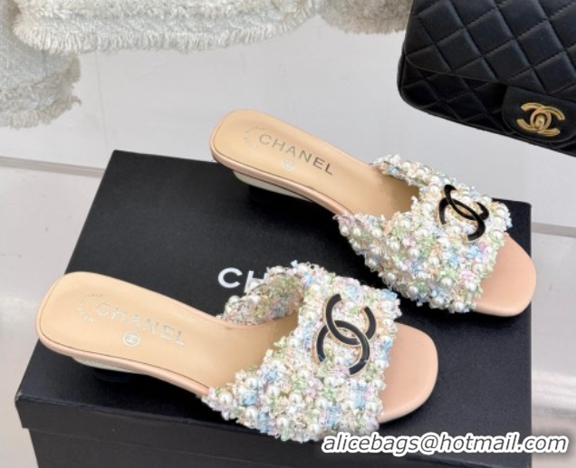 Luxurious Chanel Tweed Heel Slides Sandal with Pearls Beige 2025 CH061003
