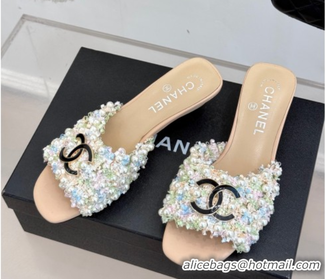 Luxurious Chanel Tweed Heel Slides Sandal with Pearls Beige 2025 CH061003