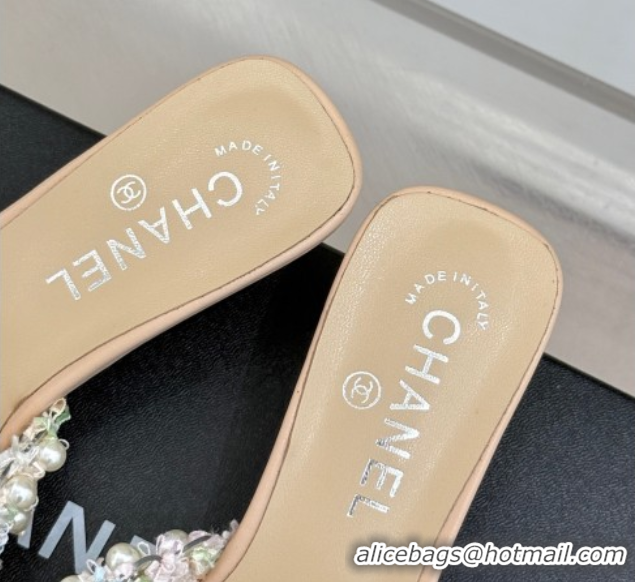 Luxurious Chanel Tweed Heel Slides Sandal with Pearls Beige 2025 CH061003