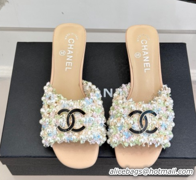 Luxurious Chanel Tweed Heel Slides Sandal with Pearls Beige 2025 CH061003