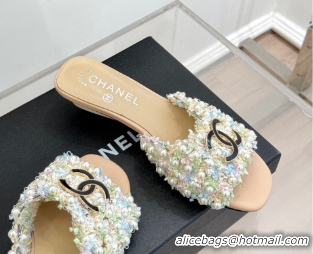 Luxurious Chanel Tweed Heel Slides Sandal with Pearls Beige 2025 CH061003