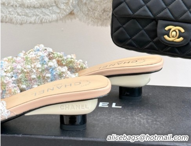 Luxurious Chanel Tweed Heel Slides Sandal with Pearls Beige 2025 CH061003