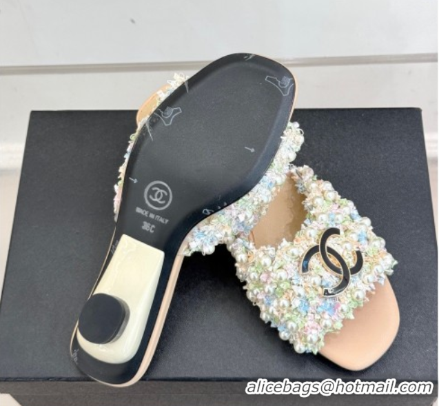 Luxurious Chanel Tweed Heel Slides Sandal with Pearls Beige 2025 CH061003