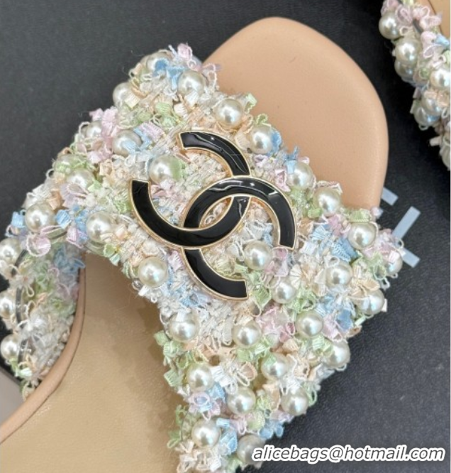 Luxurious Chanel Tweed Heel Slides Sandal with Pearls Beige 2025 CH061003