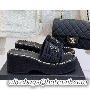 Purchase Chanel Crochet Wedge Slides Sandal with Chain Black2 2025 CH061004