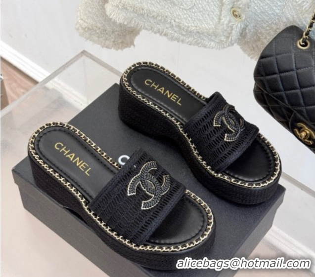 Purchase Chanel Crochet Wedge Slides Sandal with Chain Black2 2025 CH061004