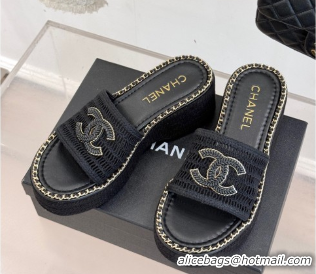 Purchase Chanel Crochet Wedge Slides Sandal with Chain Black2 2025 CH061004