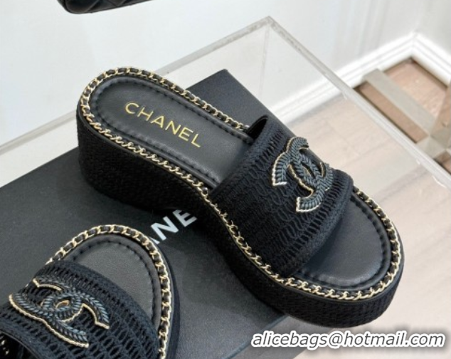 Purchase Chanel Crochet Wedge Slides Sandal with Chain Black2 2025 CH061004