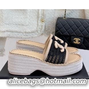 Top Design Chanel Crochet Wedge Slides Sandal with Chain Beige/Black 2025 CH061004