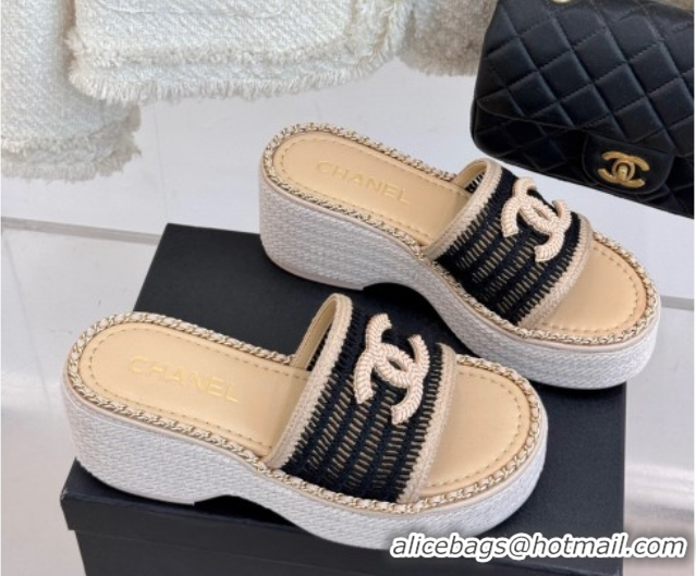 Top Design Chanel Crochet Wedge Slides Sandal with Chain Beige/Black 2025 CH061004