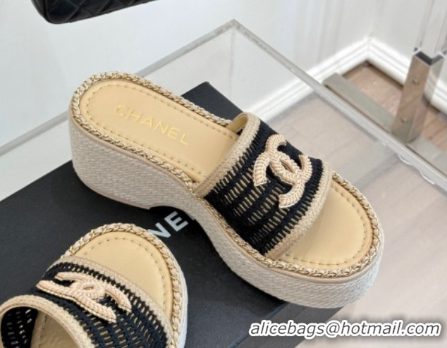 Top Design Chanel Crochet Wedge Slides Sandal with Chain Beige/Black 2025 CH061004