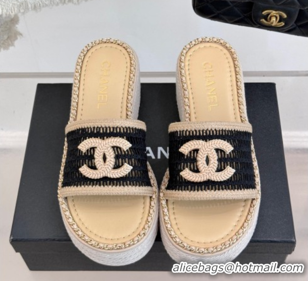 Top Design Chanel Crochet Wedge Slides Sandal with Chain Beige/Black 2025 CH061004