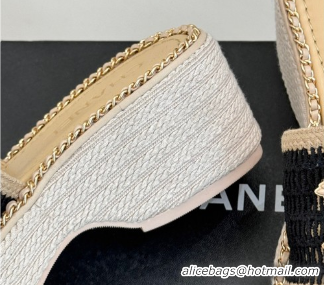 Top Design Chanel Crochet Wedge Slides Sandal with Chain Beige/Black 2025 CH061004