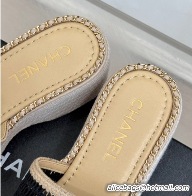 Top Design Chanel Crochet Wedge Slides Sandal with Chain Beige/Black 2025 CH061004