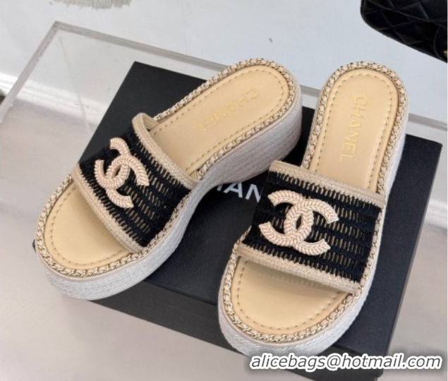 Top Design Chanel Crochet Wedge Slides Sandal with Chain Beige/Black 2025 CH061004