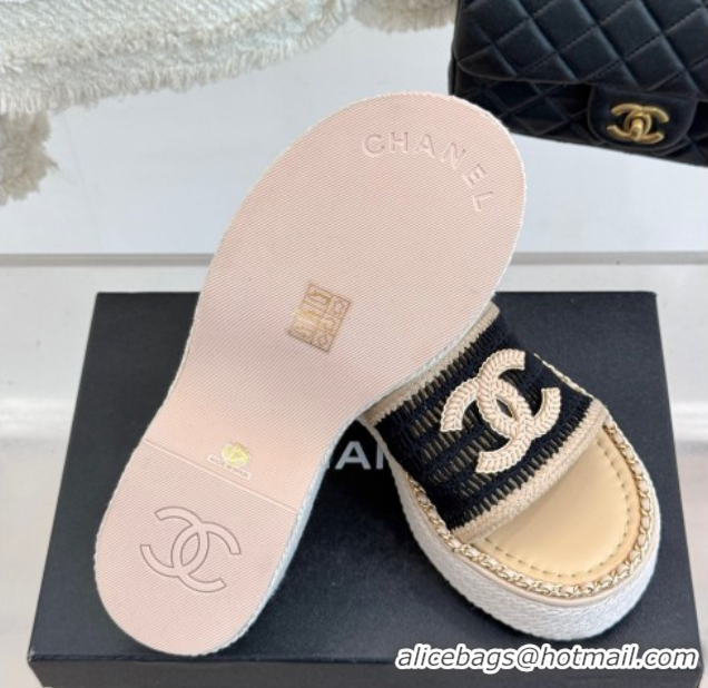 Top Design Chanel Crochet Wedge Slides Sandal with Chain Beige/Black 2025 CH061004
