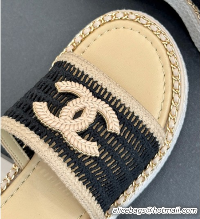 Top Design Chanel Crochet Wedge Slides Sandal with Chain Beige/Black 2025 CH061004