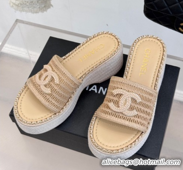 Durable Chanel Crochet Wedge Slides Sandal with Chain Beige2 2025 CH061004