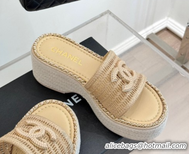 Durable Chanel Crochet Wedge Slides Sandal with Chain Beige2 2025 CH061004