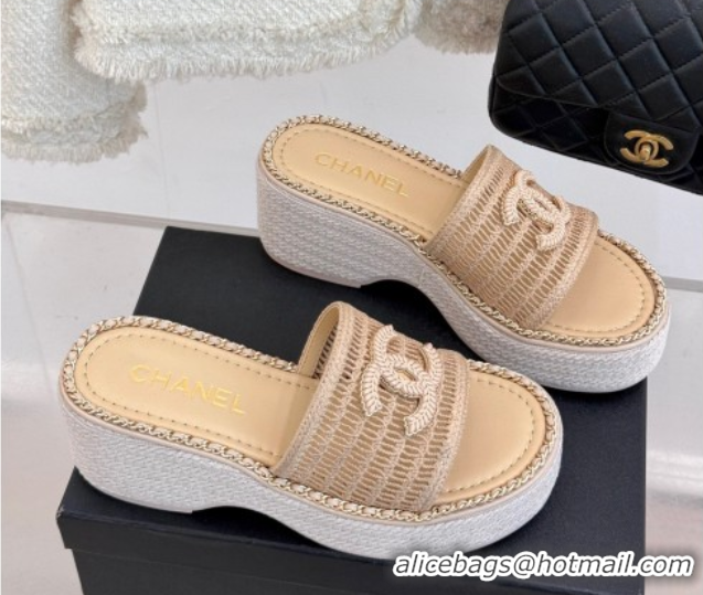 Durable Chanel Crochet Wedge Slides Sandal with Chain Beige2 2025 CH061004
